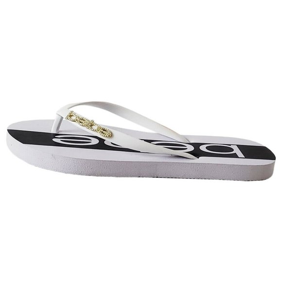 NWT BEBE WOMEN'S WHITE BLACK THONG SLIP ON SANDALS - Picture 5 of 9